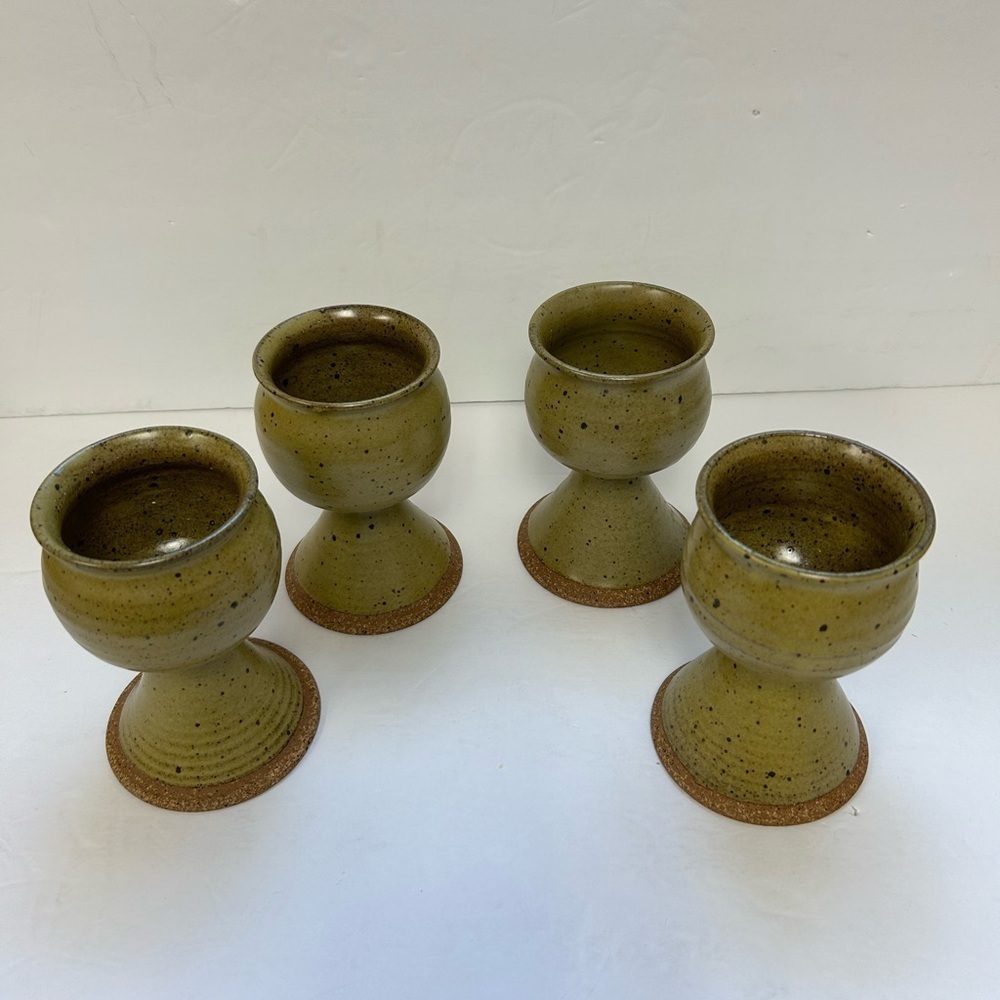 Studio Pottery Set Four (4) Speckle Stoneware Chalice Goblets